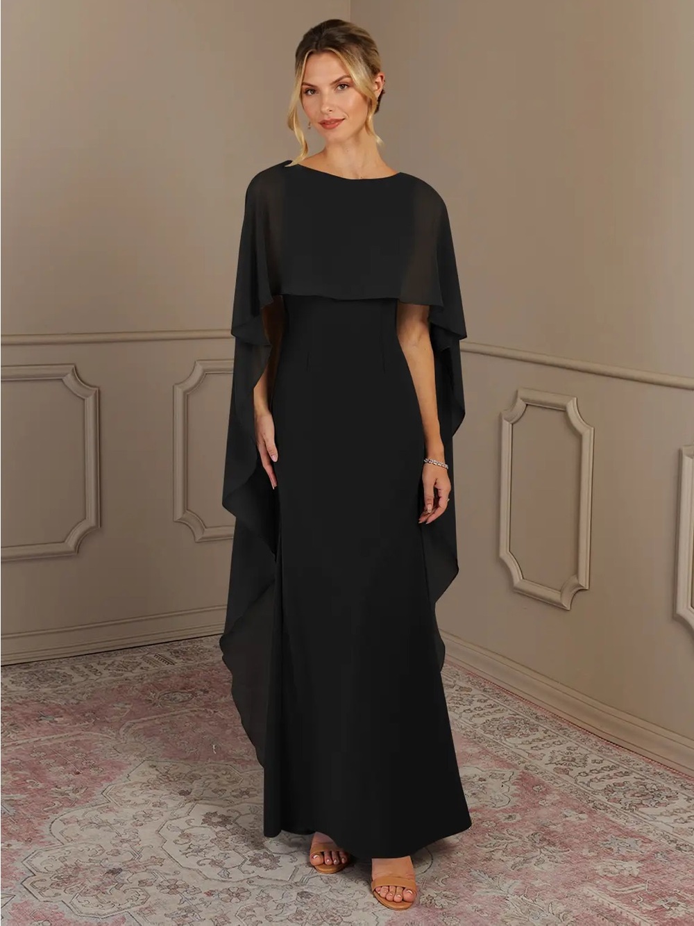 Azazie Black Cape-Back Maxi Gown